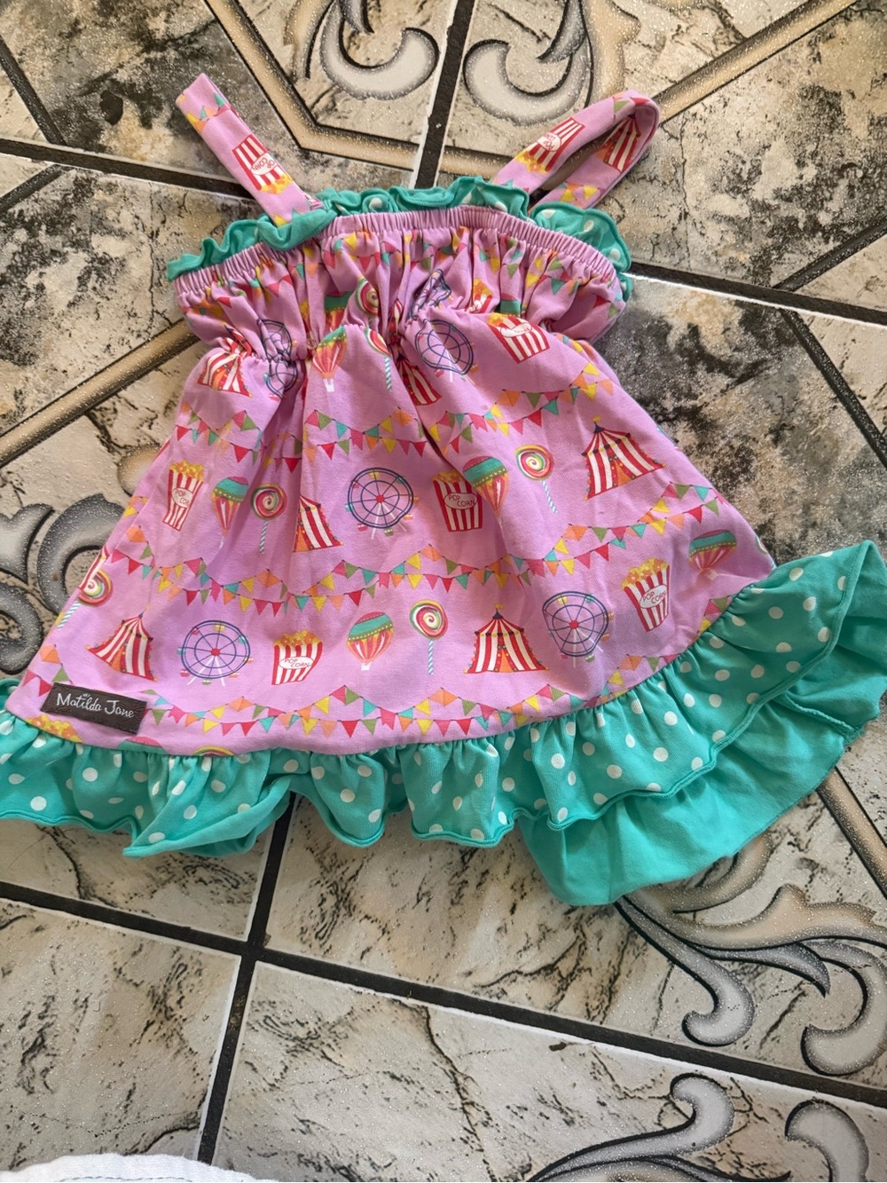 Matilda Jane Pink Carnival Print Ruffle Dress with Teal Polka-Dot Trim